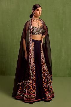 Black zari embroidered border, asymmetric and mirrorwork cape. Paired with bead and mirrorwork embellished padded blouse. Comes with can can attached, geometric print bead embellished sharara. - Aza Fashions Printed Sharara, Silk Cape, Padded Blouse, Embroidered Border, Open Sleeve, Cape Sleeves, Sharara Set, Can Can, Raw Silk