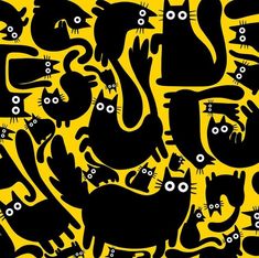 black cats and mice on yellow background