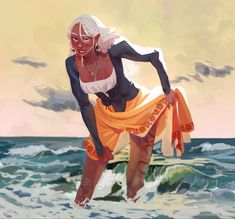 a painting of a woman in an orange skirt standing on the beach with her feet in the water