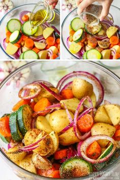 the process to make this vegetable salad is shown in three different pictures, including onions, carrots, cucumbers and radishes