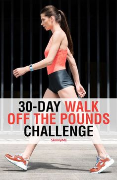 a woman running with the words 30 - day walk off the pounds challenge