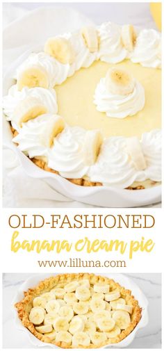 an old fashioned banana cream pie with whipped cream on top and bananas in the middle