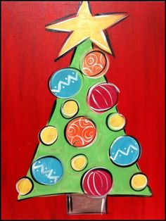 a painting of a christmas tree with ornaments on it and a star above the top