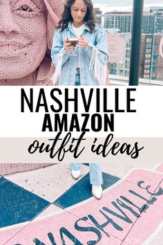 a girl standing in front of a statue with the words nashville amazon gift ideas on it