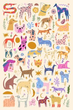 an illustration of many different types of animals on a white background with stars and plants