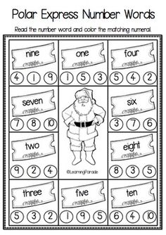 the polar express number words worksheet is shown in black and white with an image of