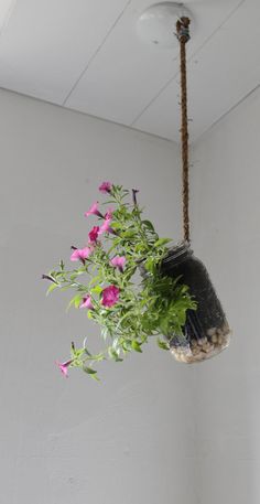 a potted plant hanging from a rope with pink flowers in it's center