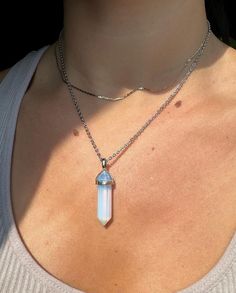 -Silver plated opalite pendant -Silver plated chain- tarnish resistant -Offered in multiple lengths White Sterling Silver Crystal Pendant Necklace, White Sterling Silver Pendant Crystal Necklace, Silver Crystal Pendant Necklace With Silver Chain, Silver Opal Minimalist Necklace, Silver Moonstone Crystal Necklace, Spiritual Silver Opal Necklace, White Moonstone Necklace With Adjustable Chain, White Moonstone Jewelry With Adjustable Chain, Silver Moonstone Crystal Pendant Necklace