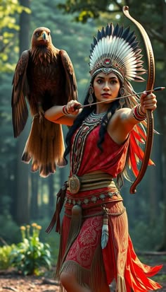 a native american woman holding an arrow and a bird on her arm in the woods