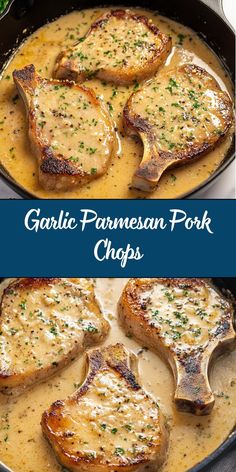 garlic parmesan pork chops in a skillet with gravy on top