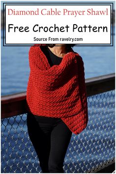 a woman wearing a red shawl with the text free crochet pattern