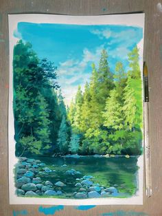 a painting of a river surrounded by trees