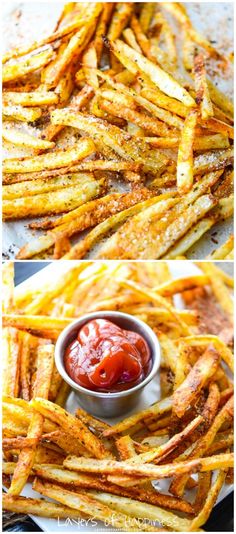 french fries with ketchup on the side and an image of them being cooked