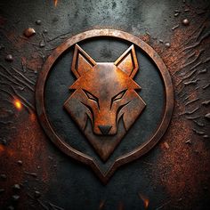 a metal emblem with an image of a fox's head in the center on a dark background