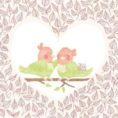 two birds are sitting on a branch in the shape of a heart with leaves surrounding it