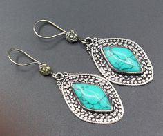 Vintage Afghan alpaka tear drop earrings. Its %100 hand crafted workmanship with beautiful compressed malachite stones with unique workmanship earrings. Please do not hesitate to contact if you have any questions.  Length : 2.4" ( 6 cm ) Width : 0.8" ( 2 cm ) Weight : 13.0 Grams, Please know what you are bidding on. The metal of Most Kuchi, Afghan and Turkoman items are called with different names, Some called Alpaca silver, German Silver and Tibetan Silver. They do not give any allergies or bod Dance Earrings, Stones Earrings, Afghan Jewelry, Tear Drop Earrings, Malachite Stone, Vintage Afghan, Wedding Accessories Jewelry, German Silver, Tear Drop