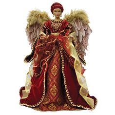 an angel figurine with red and gold accents