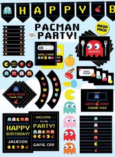 pacman birthday party supplies including stickers and decorations