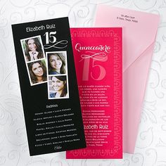 two pink and black cards with photos on them