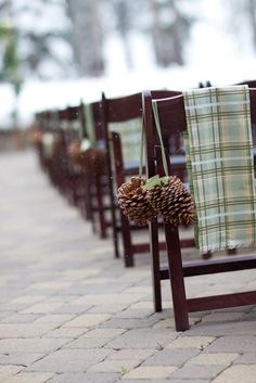 rows of chairs with pine cones tied to them