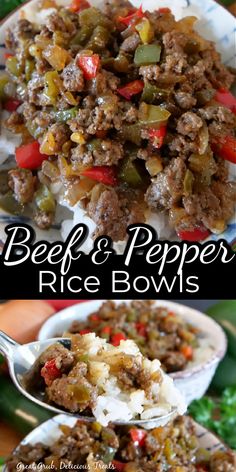 Collage of overhead shot of beef pepper rice bowl at top and closeup of spoonful of beef, pepper, and rice over bowl of more beef and pepper at bottom. Pepper Rice, Seasoned Ground Beef, Rice Bowls Recipes, Beef Casserole Recipes, Dinner With Ground Beef, Think Food, Beef Recipes Easy, Green Bell Peppers, Beef Recipes For Dinner