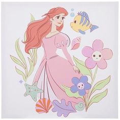 the little mermaid is standing next to a fish and flower design on a white background