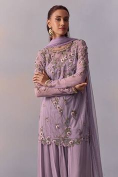 Lilac sheer kurta with embroidered floral vine motifs, embellished by beads and crystals. Comes with inner padded bustier, dupatta and sharara. - Aza Fashions Elegant Purple Sharara With Chikankari Embroidery, Purple Chikankari Embroidered Sharara For Wedding, Purple Chikankari Embroidery Sharara For Wedding, Long Sleeve Purple Palazzo Set For Wedding, Sheer Kurta, Kurta And Sharara, Georgette Kurta, Women Kurta, Sharara Set