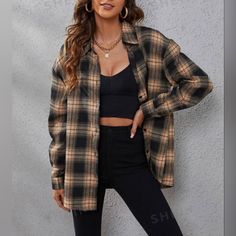 *Brand New* - Did Not Come With Any Tags Fit: Regular, Drop Shoulder, Collared Color: Black, Khaki Pet Free/Smoke Free Black Flannel, Flannel Tops, Long Sleeve Flannel, Shein Tops, Plaid Tops, Black Plaid, Black Tan, Flannel Shirt, Collar Shirts