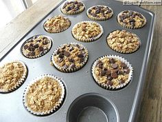 a muffin tin filled with oatmeal and chocolate chip cupcakes