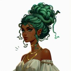 a drawing of a woman with green hair and snake skin on her head, wearing an off the shoulder top