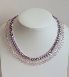 "This pretty collar style  necklace is made of lilac coloured glass pearls, lilac bi-cone crystals  and silver seed and bugle beads. It is approx   1\"/ 2.5cm  deep and approx 18\"/48cm long, fastens with a lobster claw trigger clasp, and has a 2\"/2.5cm extension chain so it can be worn a little longer if required.  Looks stunning on and is light and comfortable to wear." Purple Beaded Choker With Round Beads, Elegant Lavender Beaded Necklace With Polished Beads, Elegant Lavender Polished Beaded Necklaces, Purple Beaded Pearl Necklace, Jewellery Indian, Beaded Jewellery, Coloured Glass, Bridal Jewellery Indian, Bugle Beads