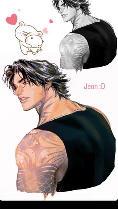 an anime character with tattoos on his arm and chest, next to the same drawing