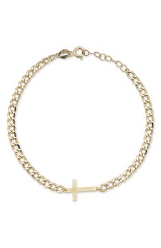 A shining cross station adorns the center of a 14K yellow gold bracelet that is crafted with trendy curb chain links. 7" chain length Spring ring clasp 14K yellow gold Imported Yellow Gold Cross Jewelry With Curb Chain, Gold Cross Bracelet, Boujee Aesthetic, Chain Links, Cross Bracelet, Yellow Gold Bracelet, Gold Cross, Curb Chain, Spring Rings