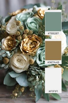 a bouquet with flowers and greenery is shown in shades of green, white and gold