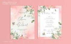 two wedding cards with watercolor flowers and greenery on the front, one in pink