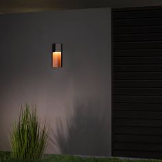 an outdoor light that is on the side of a building with grass in front of it