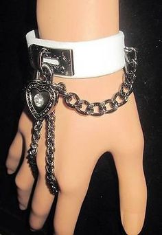 White Leather Hand Slave Bracelet LOCK heart rhinestone TOP quality USA*** | eBay Bracelet Lock, Heart Rhinestone, Rhinestone Top, Fifty Shades Darker, Hand Bracelet, Arm Cuff, Hand Jewelry, Gothic Jewelry, Kawaii Clothes