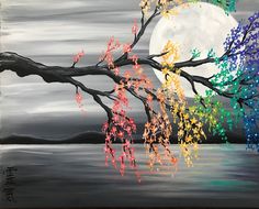 a painting of a tree branch with colorful leaves in front of a full moon and water