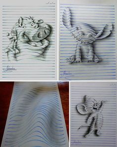 four different drawings of an elephant holding a baby in its arms and another drawing of the same animal on lined paper