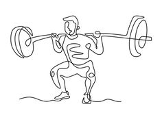 a line drawing of a man doing squats with a barbell in his hand