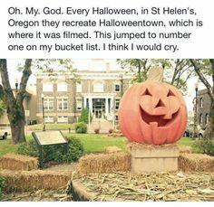 a large pumpkin sitting on top of a pile of hay