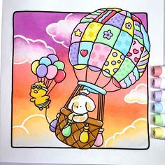 a drawing of a person in a hot air balloon