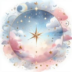 a star in the sky surrounded by clouds and stars on a pink, blue, and white background