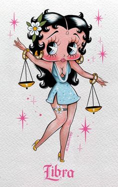 a drawing of a girl holding two scales with the word libra written on it