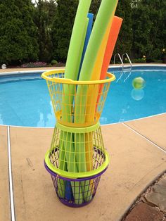 a basket filled with colorful items next to a swimming pool