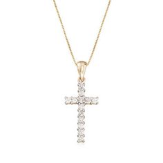 Ross-Simons - .25ct t.w. Diamond Cross Pendant Necklace in 14kt Yellow Gold. 18". Sparkling cross shines with .25 ct. t.w of diamonds. Presented on a box-style chain. 14kt yellow gold necklace.  Diamond birthstones are the perfect gift for April birthdays. Classic Diamond White Cross Necklace, Classic Vvs Clarity Diamond Cross Pendant Necklace, Classic Cross Necklace With Diamond Accents, Diamond Crucifix Necklace With Accents, Classic Brilliant Cut Diamond Cross Pendant Necklace, Classic Diamond Necklace With Brilliant Cut Cross Pendant, Classic Diamond Necklace With Cross Pendant, Yellow Gold Diamond Cross Necklace With Brilliant Cut, Classic Diamond Cross Pendant Necklace With Single Cut Diamonds