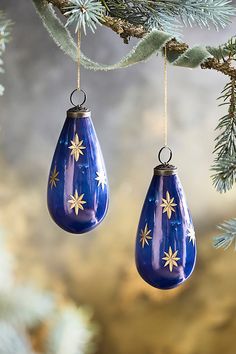 two blue glass christmas ornaments hanging from a tree branch with snowflakes on them