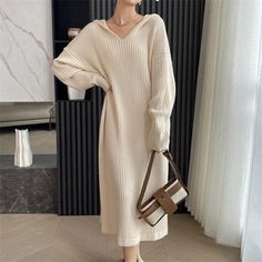 Korean Idle Style Knitted Long Dress Mid-length Casual Sweater Hooded Sweater Dress, Long Knitted Dress, Striped Knit Dress, Sweater Dresses, Mid Dresses, Knit Sweater Dress, Women Long Dresses, Winter Outfits Women, Casual Sweaters