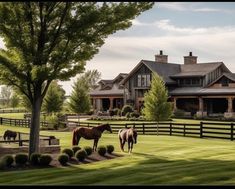 two horses are standing in the grass near a large house and fenced in area