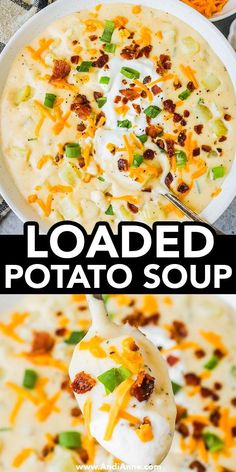 loaded potato soup in a white bowl with a spoon